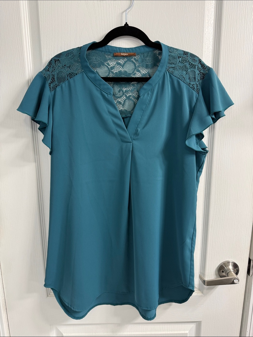 Gaharu Teal Lace-Trim Flutter Sleeve V Neck Tunic Women’s Size L Feminine